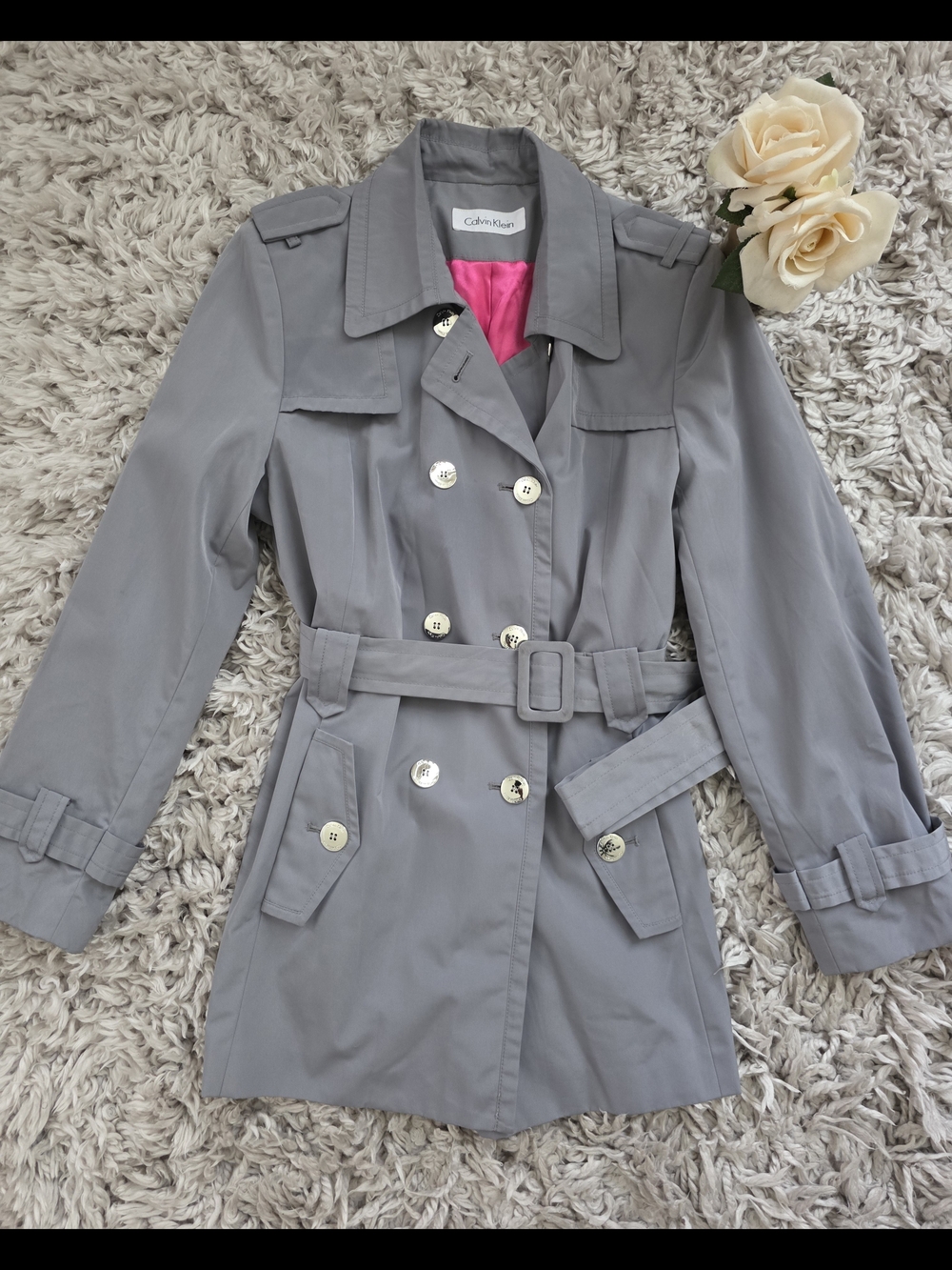 Calvin Klein Gray Double-Breasted Trench Coat